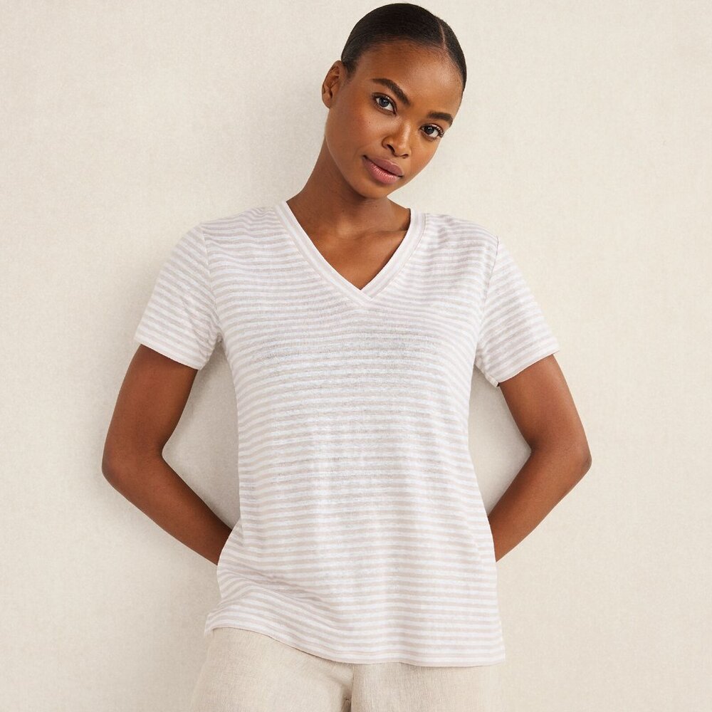 Haven Linen Stripe Short Sleeve V-Neck Tee Sz XS Tan Beige White Cream Oversize